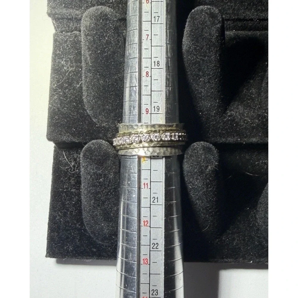 Deaure Sterling Silver 925 Spinner Ring Hammered Mixed Metal CZ Size 10